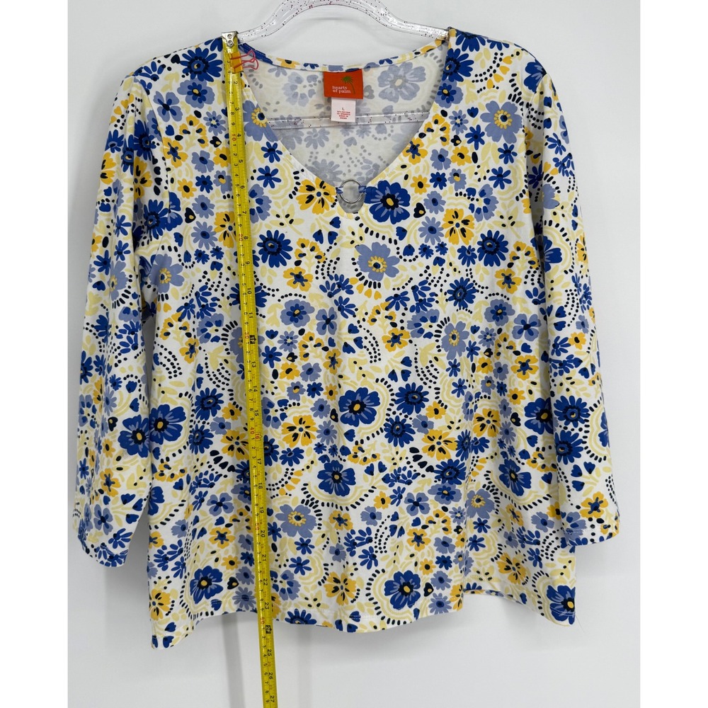 Hearts of Palm Womens Blue Yellow Floral V-Neck 3/4 Sleeve Knit Top Ring Sz L - Picture 2 of 8